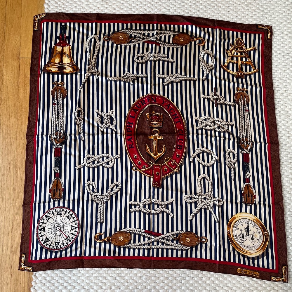 Ralph Lauren 35” Silk Scarf Nautical Anchor Club Rope Knots Red Stripe Vintage